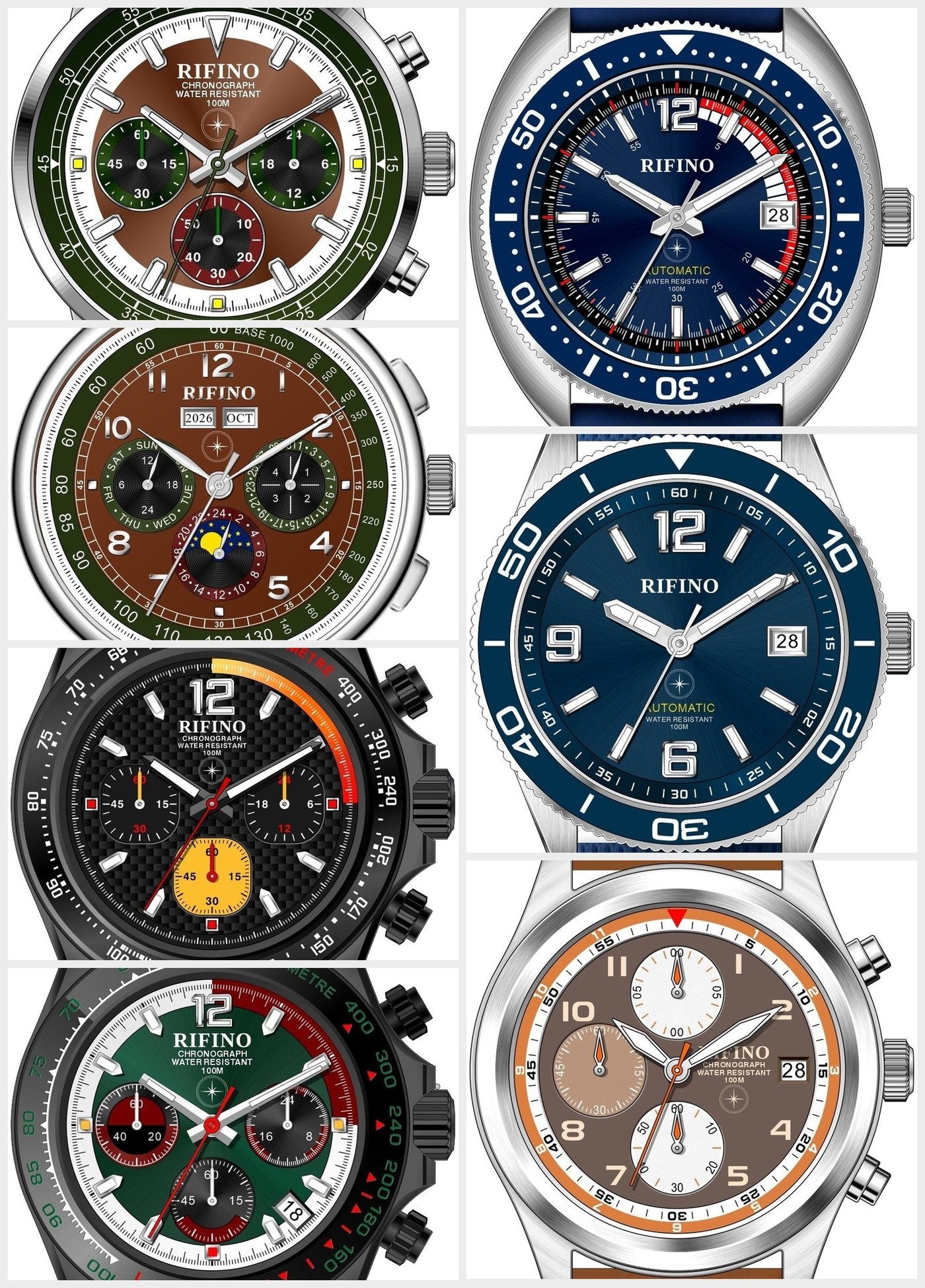 Grid of Rifino Timepieces watch dials